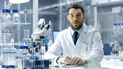年轻的男性研究科学家对着摄像机说话。他坐在一个高端现代实验室里，周围有烧杯、玻璃器皿、显微镜和工作监视器。
