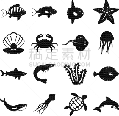 海洋生命,计算机图标,可爱的,图像,鲽,海洋,水母,鲸,海豚,收集