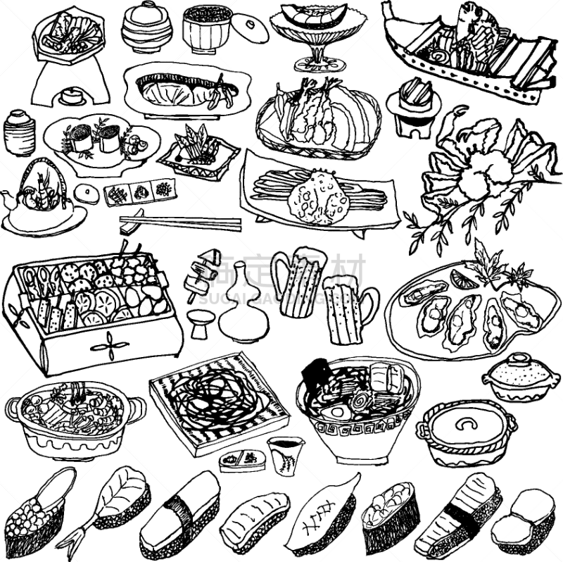 日本食品,绘画插图,传统,菜单,寿司,天麸罗,食品,米,三文鱼,餐馆