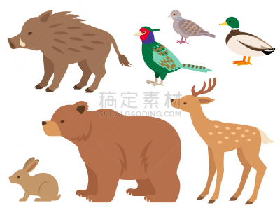 动物,全身像,绘画插图,日本,射击比赛,侧面,简单,动物群,鸟类,兔子