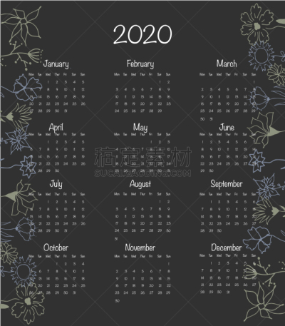 2020,模板,绘画插图,时尚,矢量,日历,字体,星期,花,设计