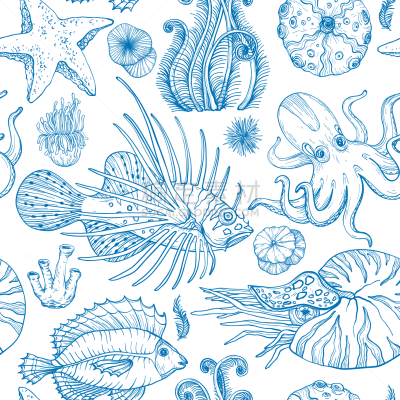 Seamless pattern with sketch of deepwater living organisms