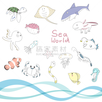 性格,海洋生命,水下,可爱的,恶作剧,自然,图像,矢量,布置,收集