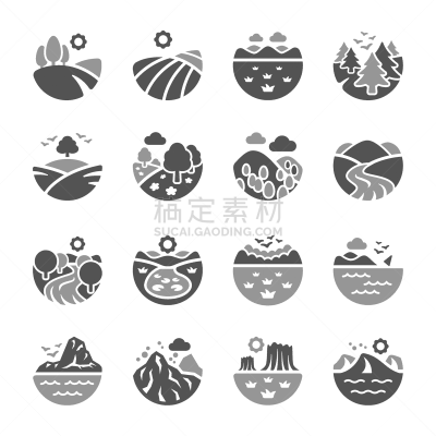 地形,图标集,品牌名称,山,农业,公园,环境,池塘,草