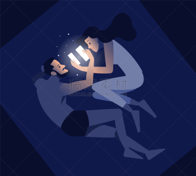技术,女孩,幸福,互联网,床,绘画插图,人,青年男人,爱,微笑