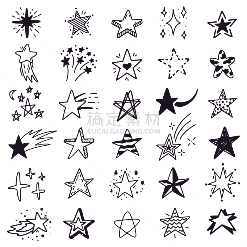 星星,墨水,闪亮的,乱画,矢量,草图,手,画画