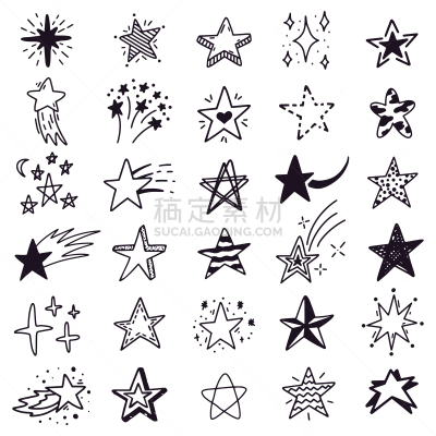 星星,墨水,闪亮的,乱画,矢量,草图,手,画画
