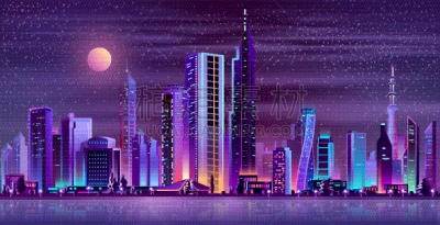 夜晚,地形,卡通,霓虹灯,现代,城市,商务,河流,散步道,天空