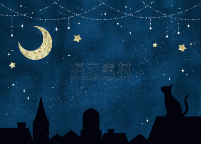 夜晚,猫,月亮,明亮,星星,圣诞装饰物,水彩画颜料,暗色,午夜,城镇景观