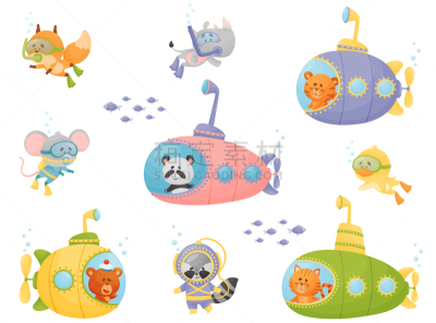 cartoon animals swimming under water on submarine