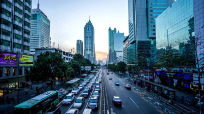 深圳的现代建筑外观，延时摄影。