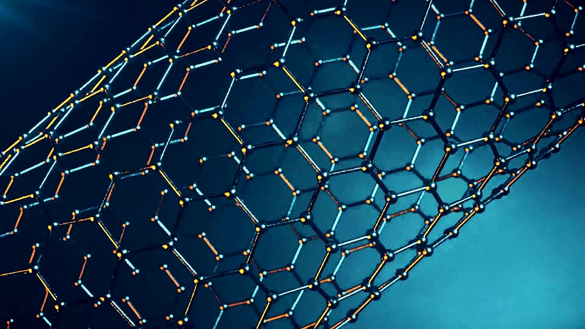 石墨烯原子纳米结构可循环动画。纳米管呈蜂窝状。概念，纳米技术和科学。3D动画
