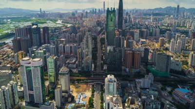 中国深圳城市风光晴天航空全景图  Timelapse