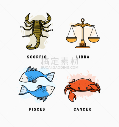 双鱼座,巨蟹座,可爱的,卡通,天蝎座,绘画插图,天秤座,矢量,收集,符号