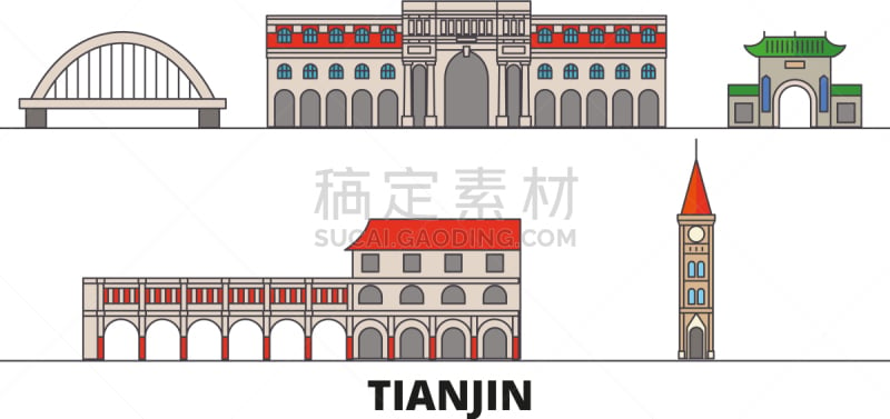 天津市,著名景点,城市,公寓,地形,轮廓,白色,黑色,直的