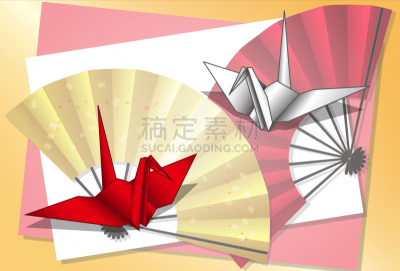 明信片,折纸工艺,鹤,折扇,纸鹤,金叶,图像,无人,新年卡,背景