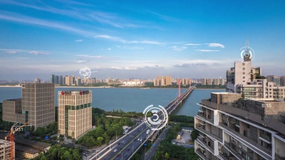 云天中现代智慧城市市中心的现代建筑。延时