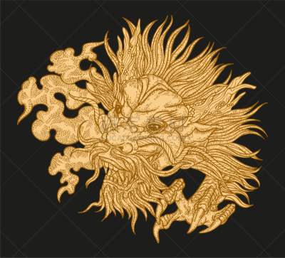亚洲,龙,动物手,勇敢面对,黑色背景,传统,肖像,魔鬼,绘制