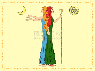 杰纳斯,女人,绘画插图,两面派,图像,矢量,棍,登山杖,手臂,伸手