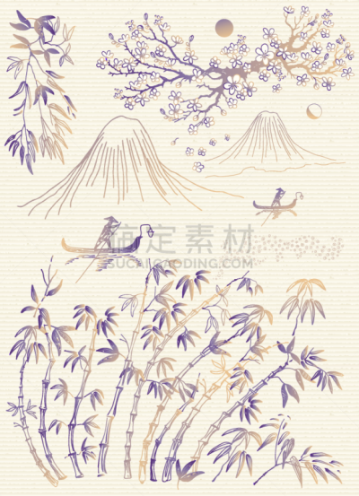 河流,草图,自然,矢量,墨水,山,樱之花,传统,纹理,绘画插图