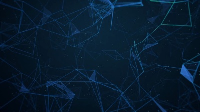 几何图形的数字概念 多边形/丛分形运动，它们之间的连接和粒子。三角技术概念。蓝色。