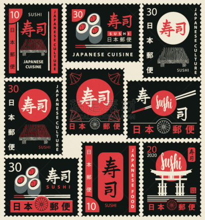 古老的,邮票,日文,菜单,日本食品,信函,中国食品,复古风格,中国,朝鲜半岛