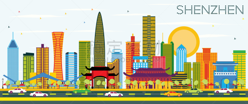 深圳,彩色图片,城市天际线,建筑外部,广东省,轮廓,亚洲,旅途,商务