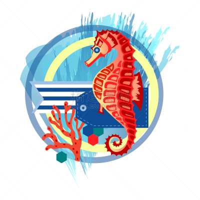 海马,深的,华丽的,波浪,珊瑚,夏天,圆形,神迹,标签,构图