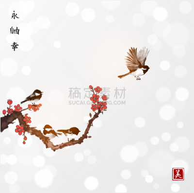 传统,花朵,鸟类,水墨画,日本,幸福到极点,烟灰墨,小的,美,樱之花