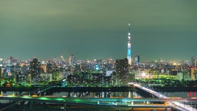  延时摄影 东京城市与东京天空树的视图