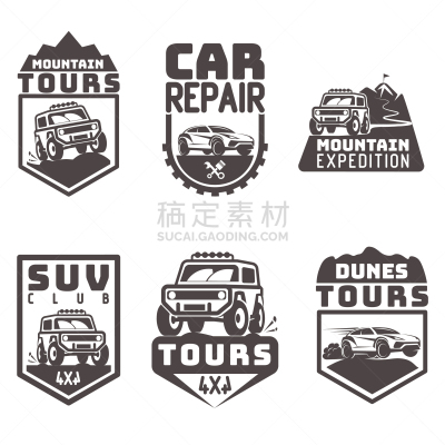 多功能车,品牌名称,路,旅行的人,四个孩子的家庭,图标,分离着色,四驱车,山地车,探险