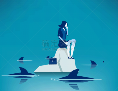 商务,鲨鱼,绘画插图,捕获的,概念,海洋,矢量,女人,与众不同,忧虑