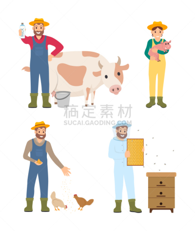 绘画插图,男人,图标集,矢量,农民,女人,饮料,农业,奶制品,清新