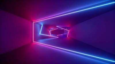 3D渲染，抽象几何背景，荧光紫外光，隧道内旋转的发光霓虹线，蓝红粉紫光谱，旋转的形状，循环动画