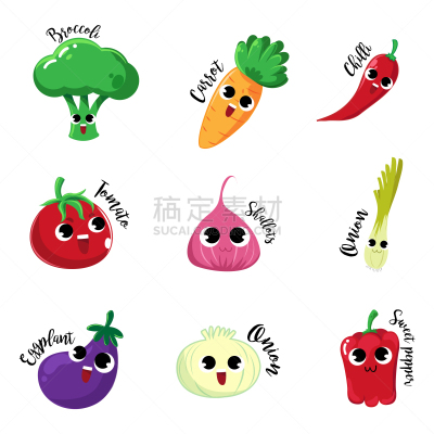 蔬菜,卡通,可爱的,清新,食品,西兰花,西红柿,小洋葱,葱,水果