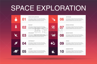 信息图表,模板,空间探索,选择键,数字10,创造力,空间站,太空船,红色,概念