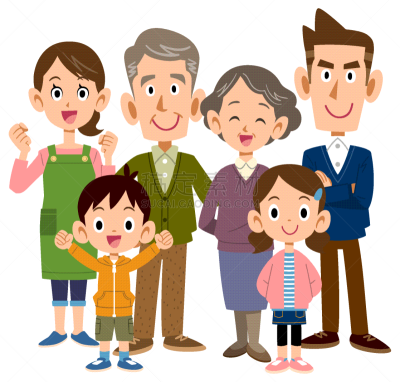 幸福,多代家庭,老年人,中心,老年男人,家庭,孙辈,儿童,全身像,绘画插图