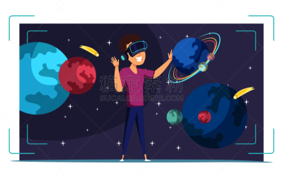 网络空间,绘画插图,平坦的,矢量,空间探索,数字化显示,专门技术,一个人,技术,从虚拟现实的角度拍摄