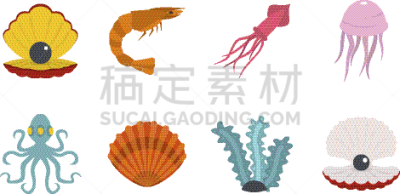 海洋生命,图标集,扁平化设计,分离着色,深的,自然,海产,图像,水母,海洋