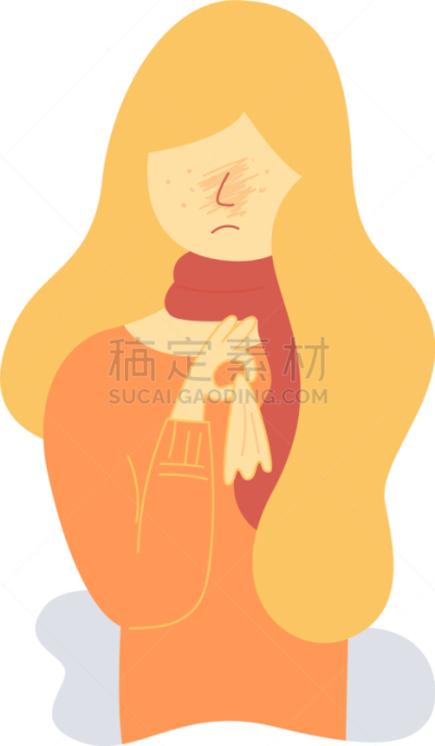 过敏反应,女孩,季节,卡通,平坦的,维生素,女人,拿着,咳嗽,打喷嚏