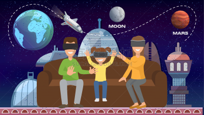 太空船,家庭,网络空间,行星,绘画插图,未来,幸福,矢量,坐,微笑
