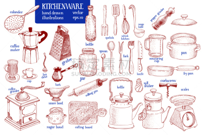 烹调用具,餐具,银餐具,厨房器具,食品,擦菜板,锅,汤匙,绘制,烹调