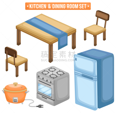 厨房,组物体,可爱的,冰箱,图像,炊具,椅子,电饭锅,家具,桌巾
