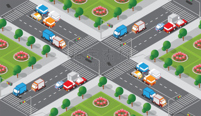 式样,街道图,沥青,卡车,汽车,交通,公路,草,人行道,十字路口