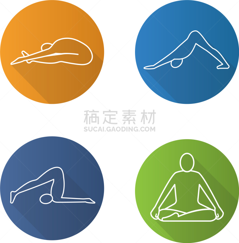 yoga asanas flat linear long shadow icons set