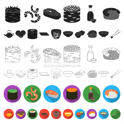寿司,调味品,平坦的,计算机图标,牛排,国内著名景点,传统,寿司卷,收集,布置