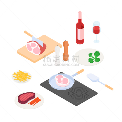 烹调,牛排,绘画插图,家庭生活,锅,白色,晚餐,炸薯条,磨坊,矢量