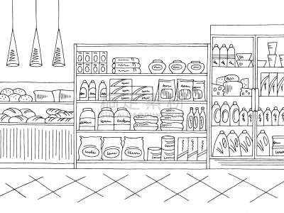 食品杂货,草图,绘画插图,白色,商店,矢量,黑色,插画,商业内部,商务