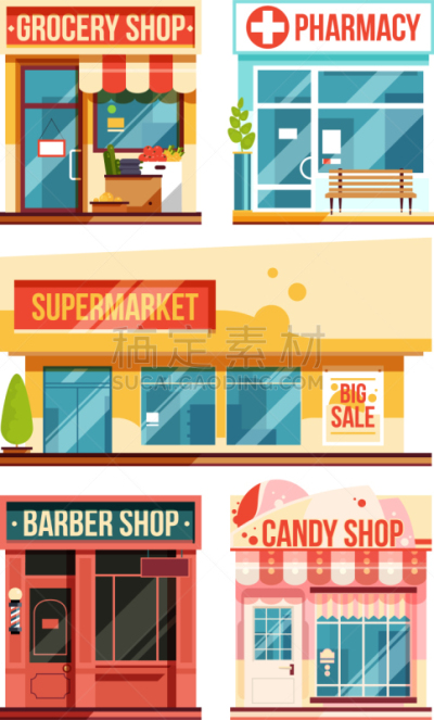 服装店,快餐店,分离着色,商务,建筑外部,外立面,食品,食品杂货,布置,设计