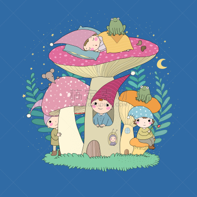 蘑菇,花园矮人雕像,房屋,小精灵,可爱的,卡通,青蛙,森林,魔法,贺卡